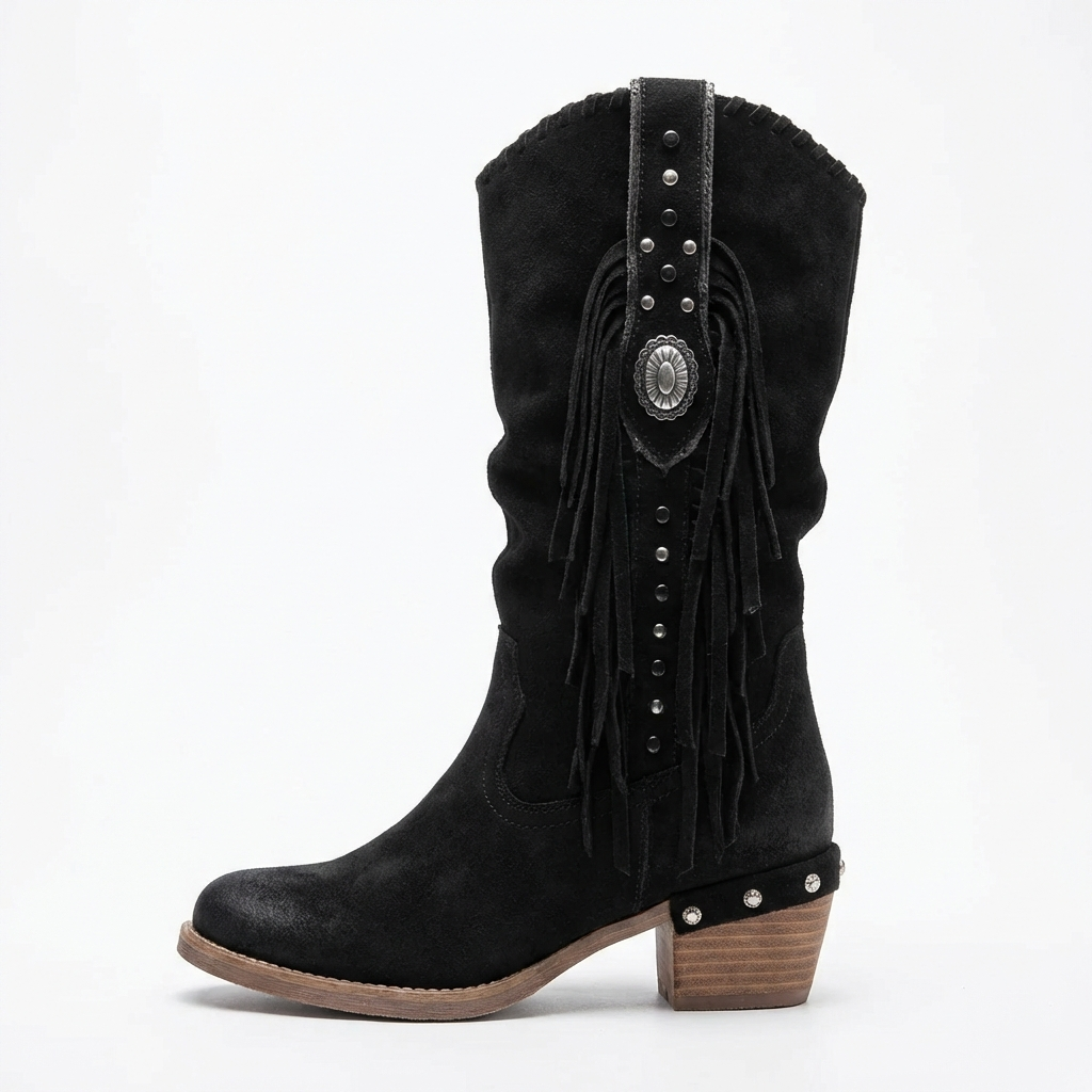 Santiag mi-haute noir Daim Synthétique Femme - Franges, style cowboy