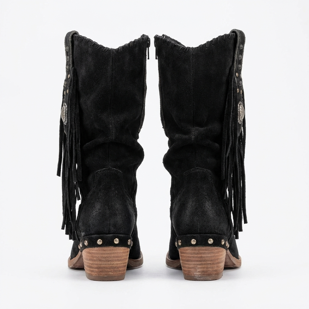 Santiag mi-haute noir Daim Synthétique Femme - Franges, style cowboy