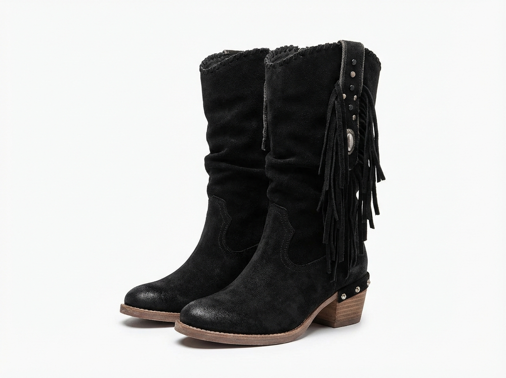 Santiag mi-haute noir Daim Synthétique Femme - Franges, style cowboy