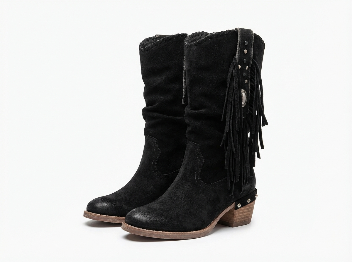 Santiag mi-haute noir Daim Synthétique Femme - Franges, style cowboy