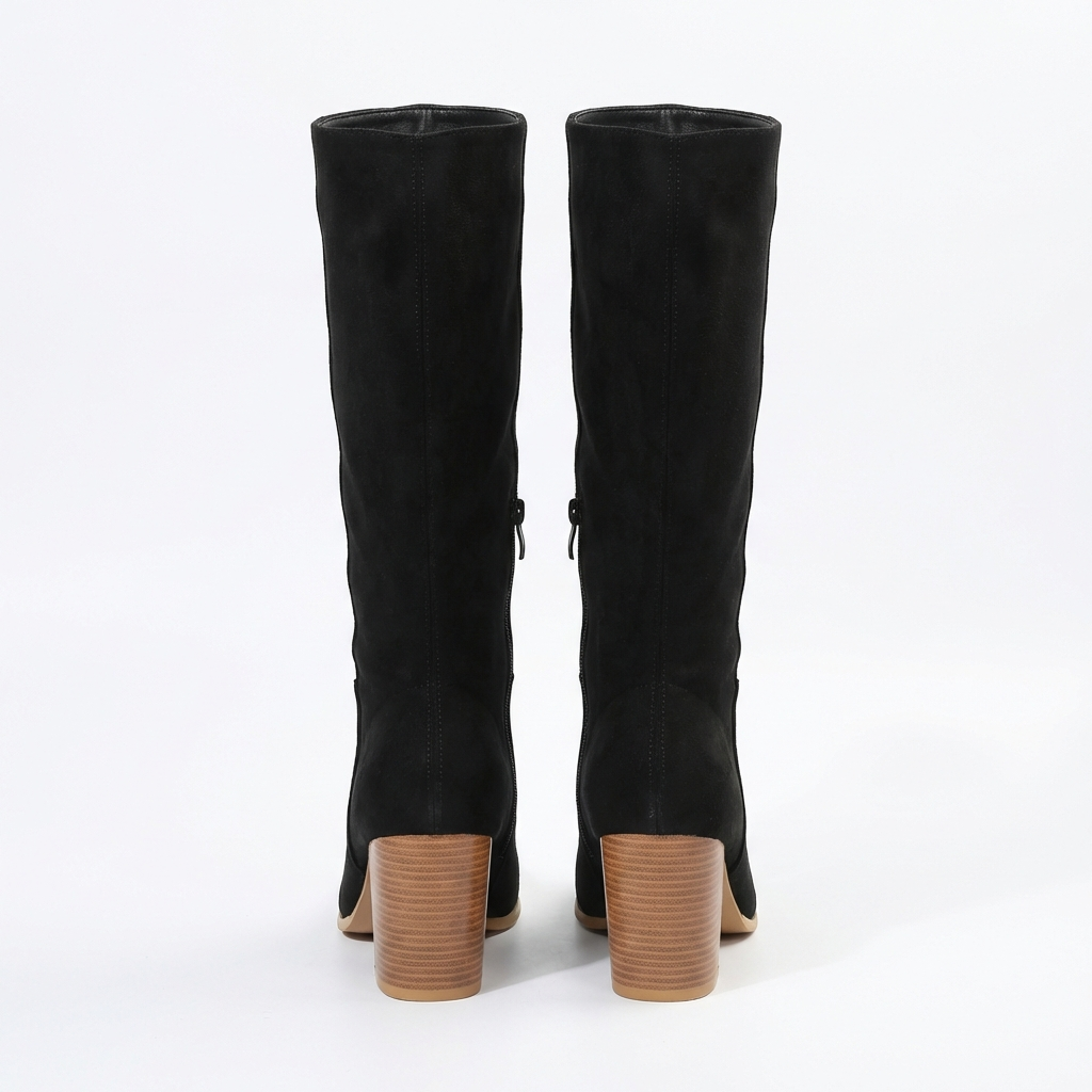 Santiag mi-haute noir Daim Synthétique Femme - Talon carré, fausse fourrure