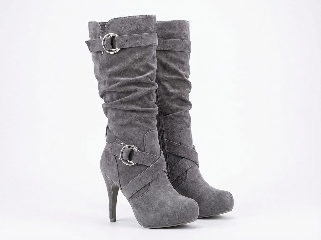 Botte haute gris Daim Femme - Boucles