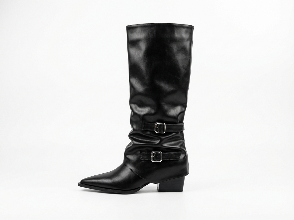 Santiag haute noir Simili Cuir Femme - Bout pointu, boucles
