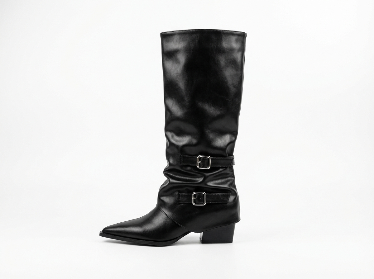 Santiag haute noir Simili Cuir Femme - Bout pointu, boucles