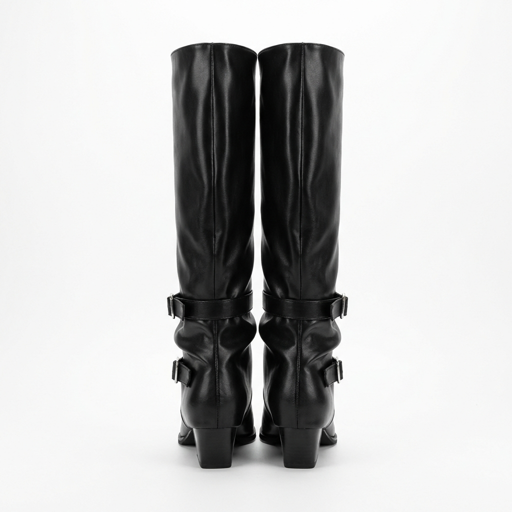 Santiag haute noir Simili Cuir Femme - Bout pointu, boucles