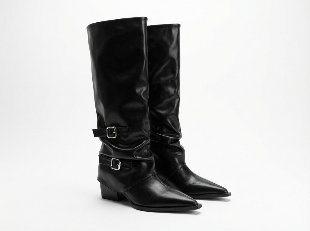 Santiag haute noir Simili Cuir Femme - Bout pointu, boucles