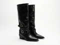 Santiag haute noir Simili Cuir Femme - Bout pointu, boucles