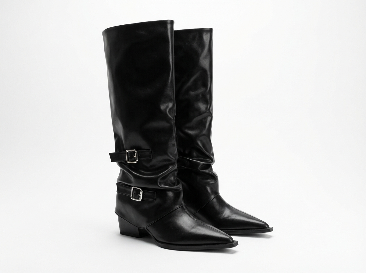 Santiag haute noir Simili Cuir Femme - Bout pointu, boucles