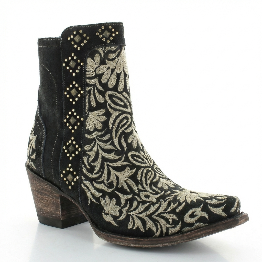Santiag mi-haute noir Synthétique Femme - Broderies florales dorées, clous