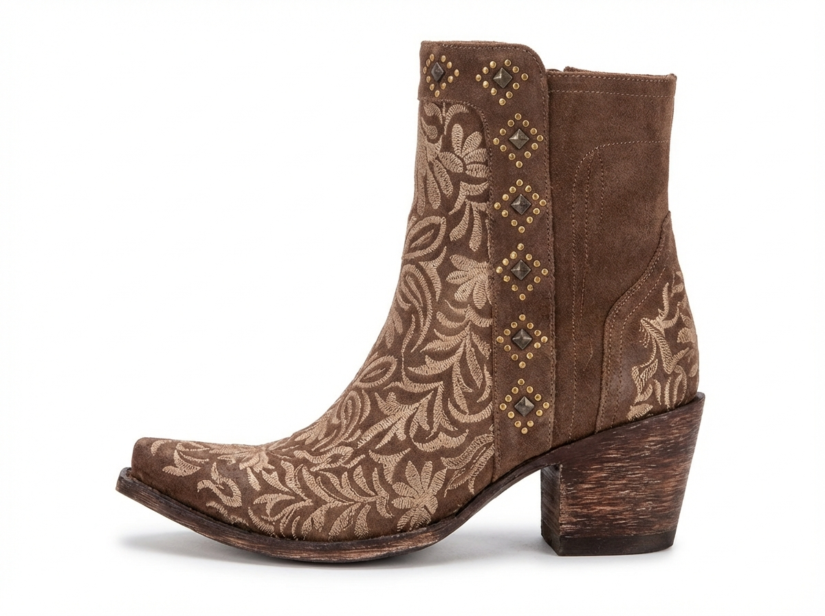 Santiag mi-haute marron Simili Cuir Femme - Broderies florales, clous