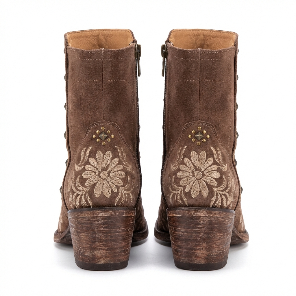 Santiag mi-haute marron Simili Cuir Femme - Broderies florales, clous