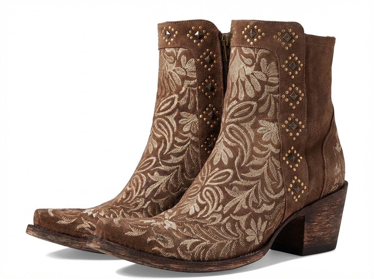 Santiag mi-haute marron Simili Cuir Femme - Broderies florales, clous