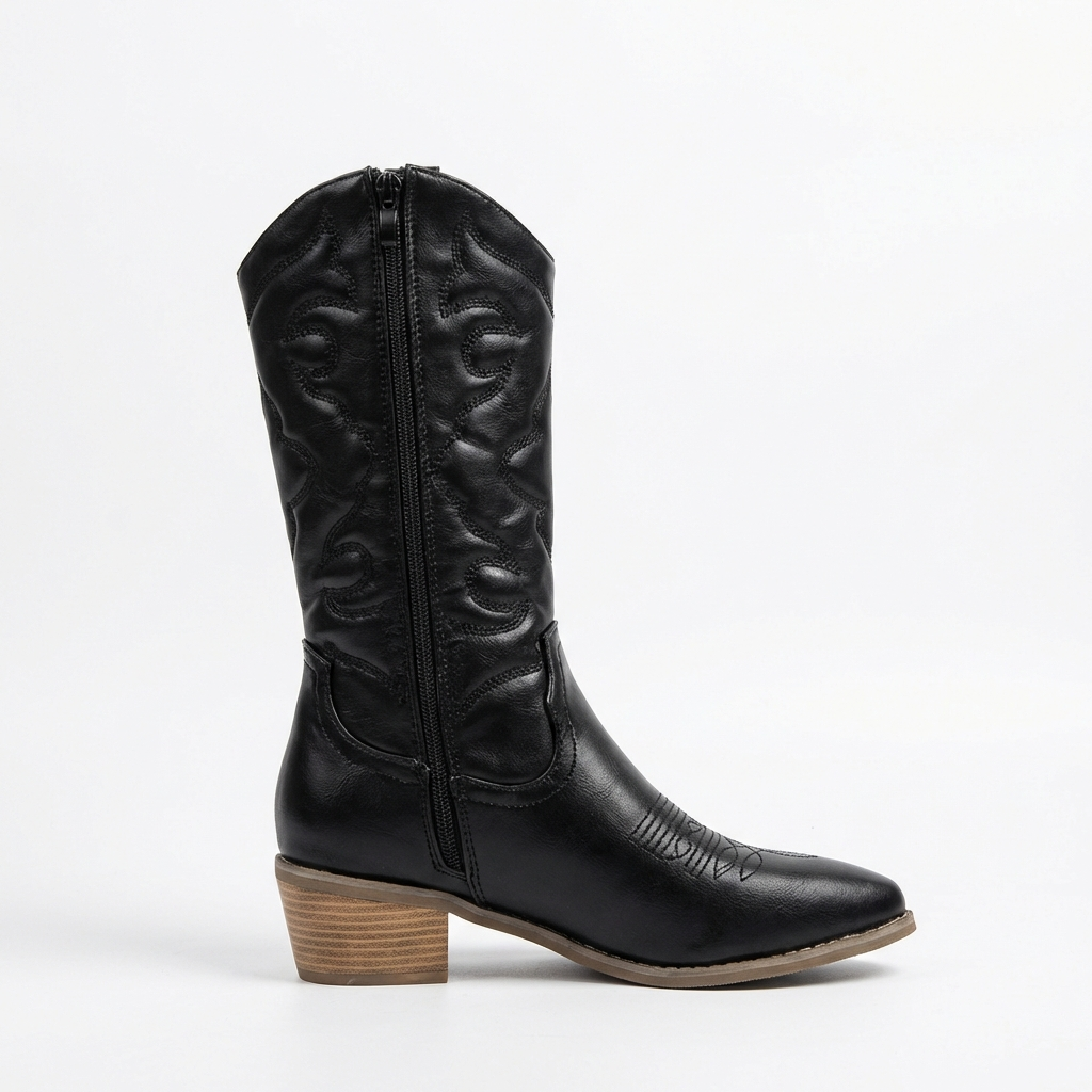 Santiag mi-haute noir Simili Cuir Femme - Broderies western, semelle bois