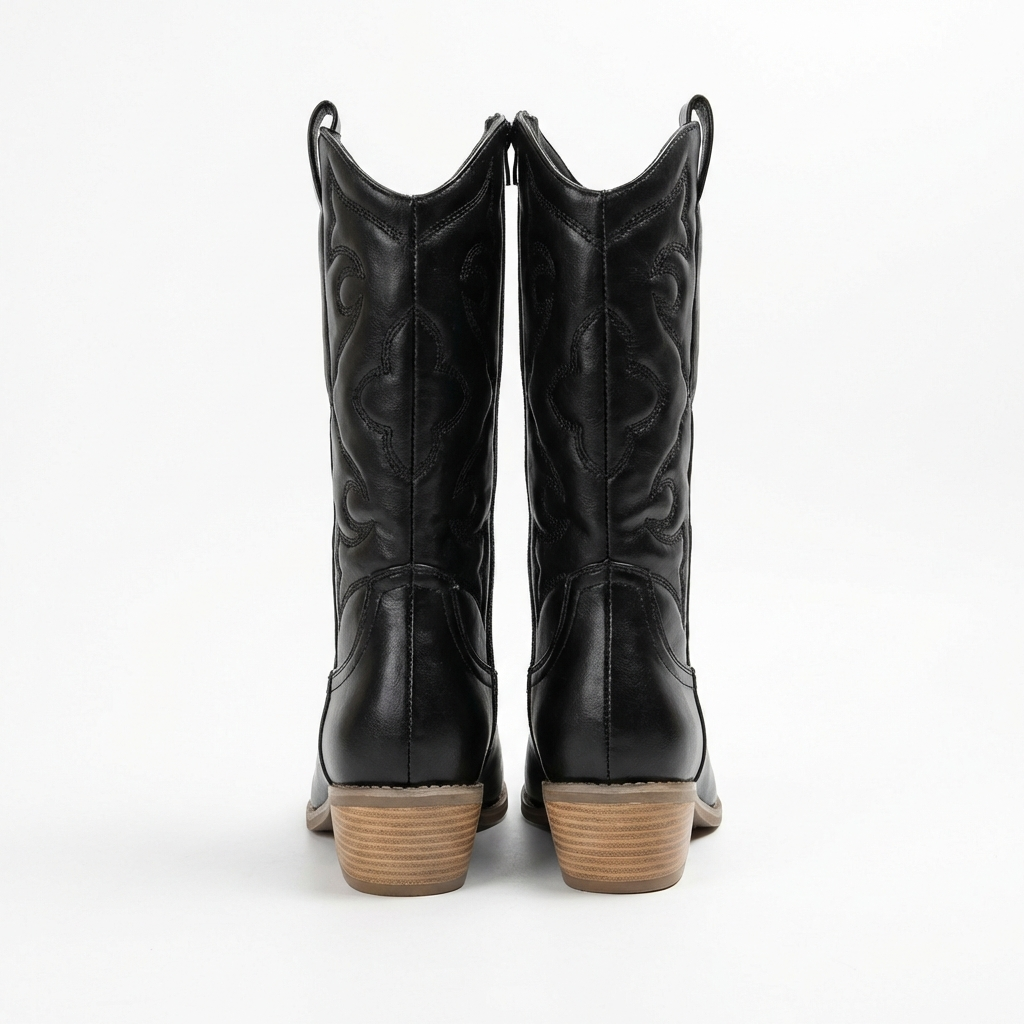 Santiag mi-haute noir Simili Cuir Femme - Broderies western, semelle bois