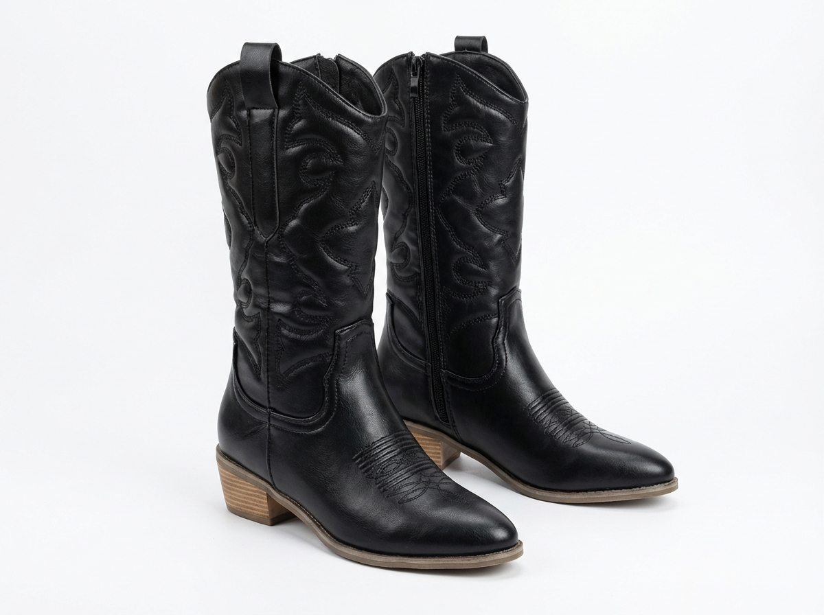 Santiag mi-haute noir Simili Cuir Femme - Broderies western, semelle bois