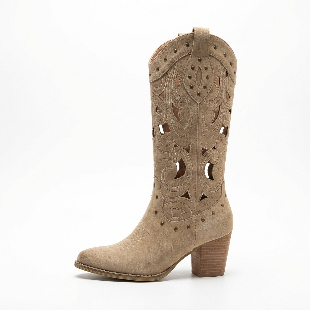 Santiag haute beige Simili Cuir Femme - Broderies western, clous
