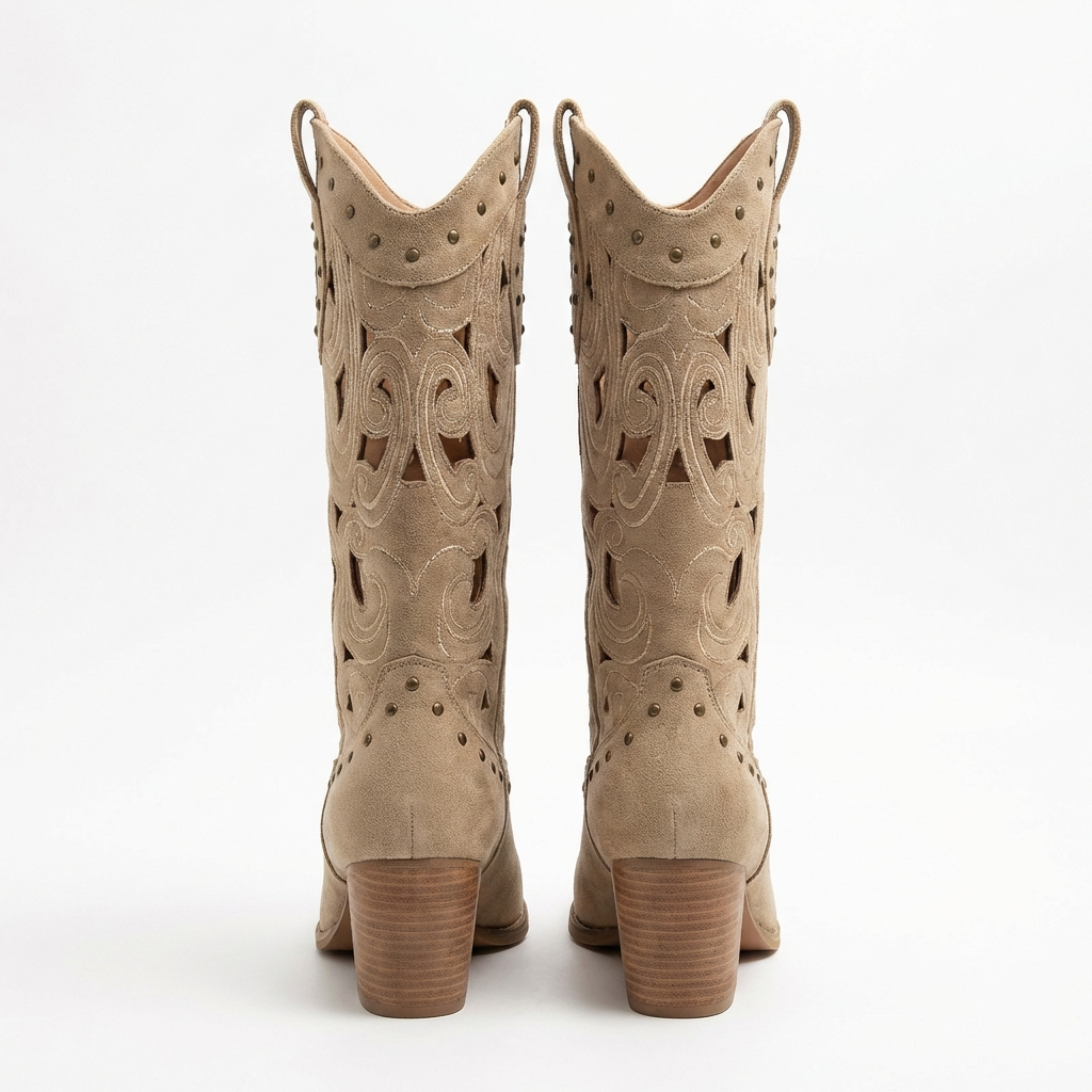 Santiag haute beige Simili Cuir Femme - Broderies western, clous