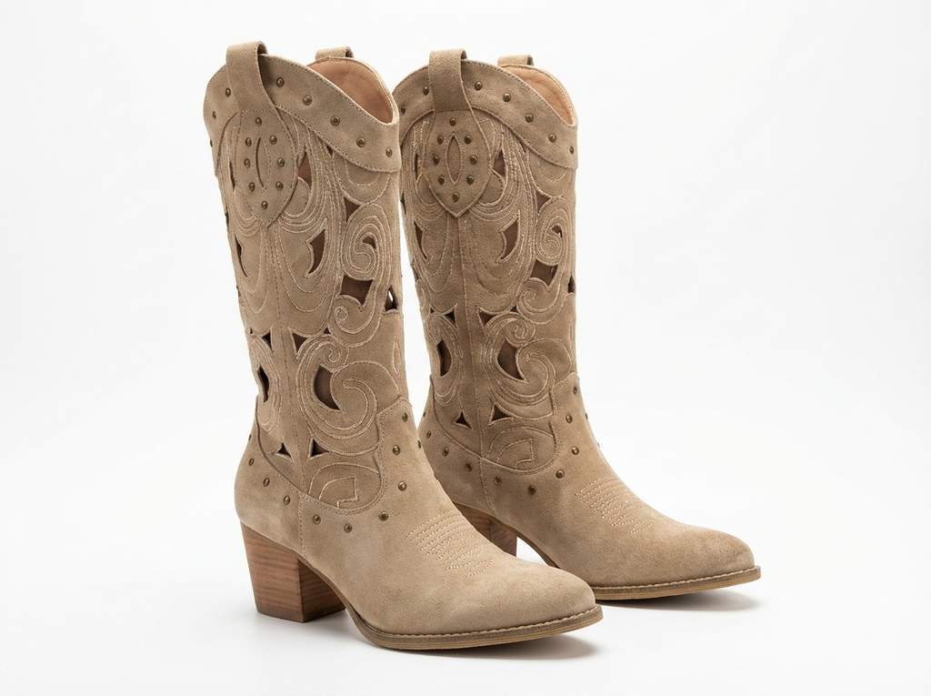 Santiag haute beige Simili Cuir Femme - Broderies western, clous