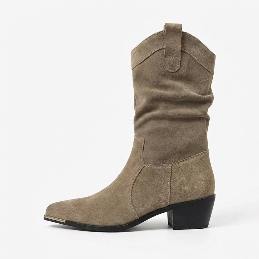 Santiag mi-haute beige Daim Synthétique Femme - Embout métallique, plissé