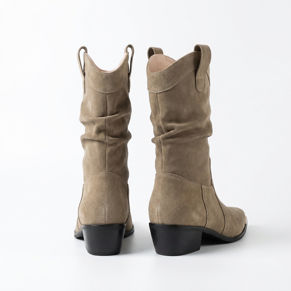 Santiag mi-haute beige Daim Synthétique Femme - Embout métallique, plissé