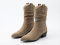 Santiag mi-haute beige Daim Synthétique Femme - Embout métallique, plissé