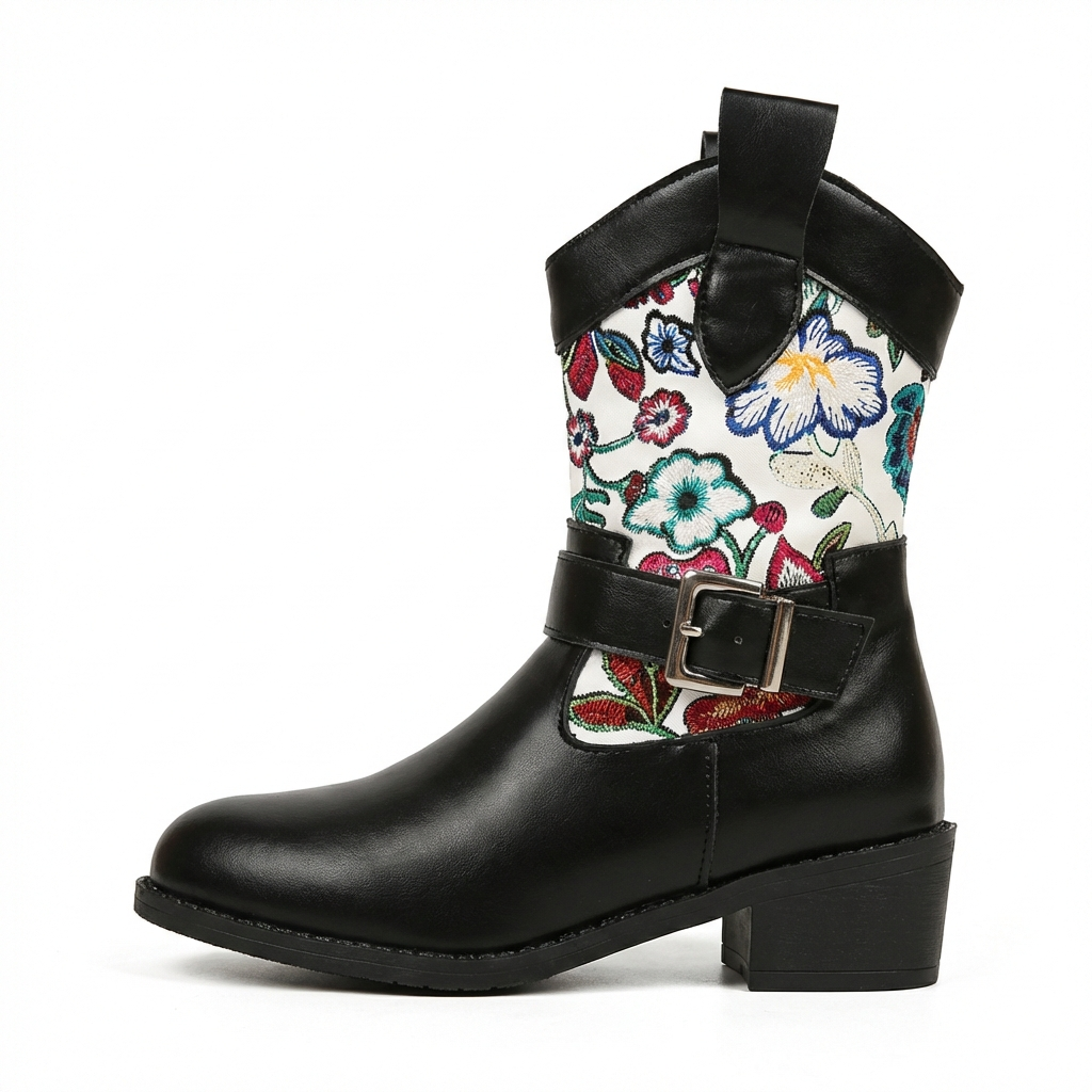 Santiag mi-haute noir Simili Cuir Femme - Broderies colorées, sangle