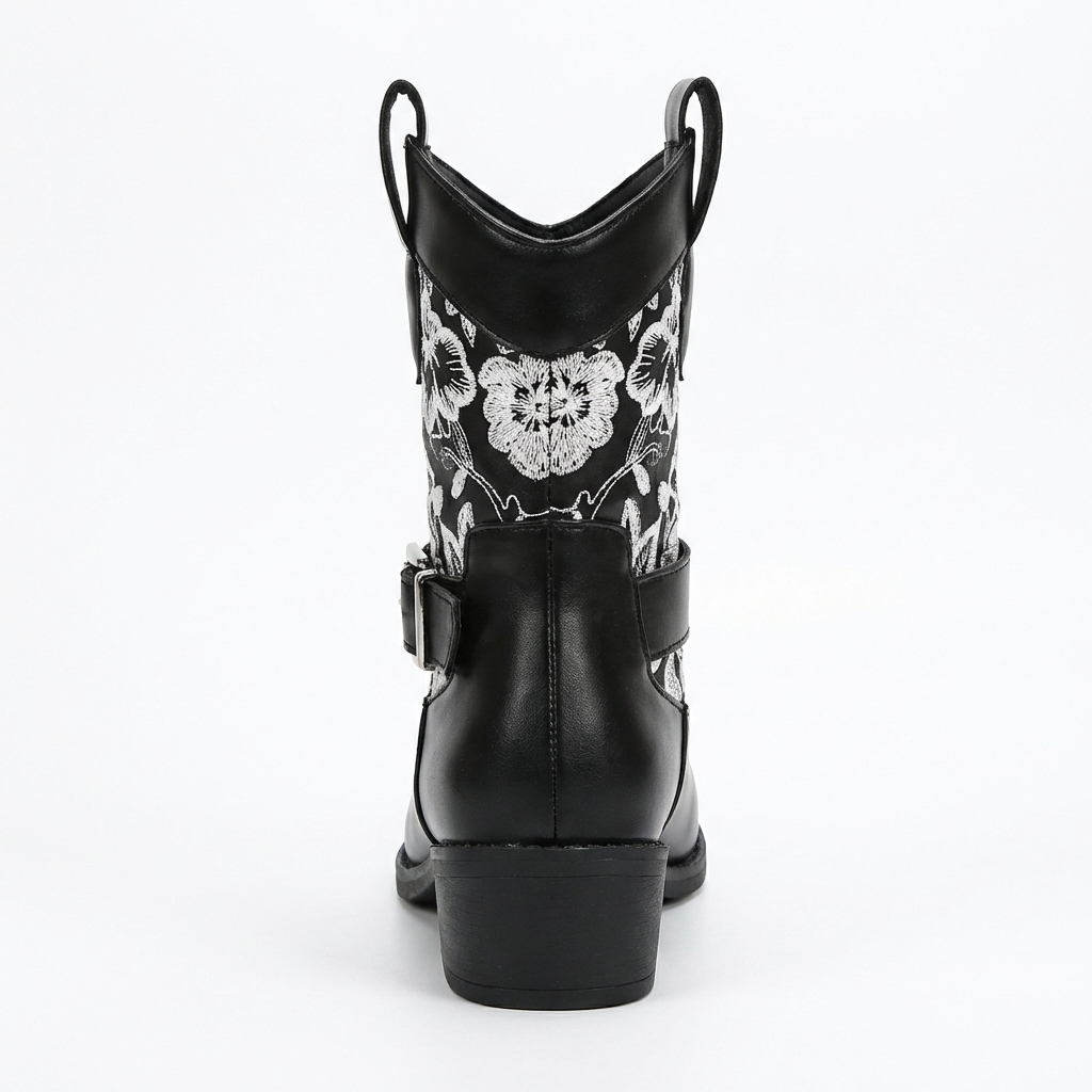 Santiag mi-haute noir Simili Cuir Femme - Broderies colorées, sangle