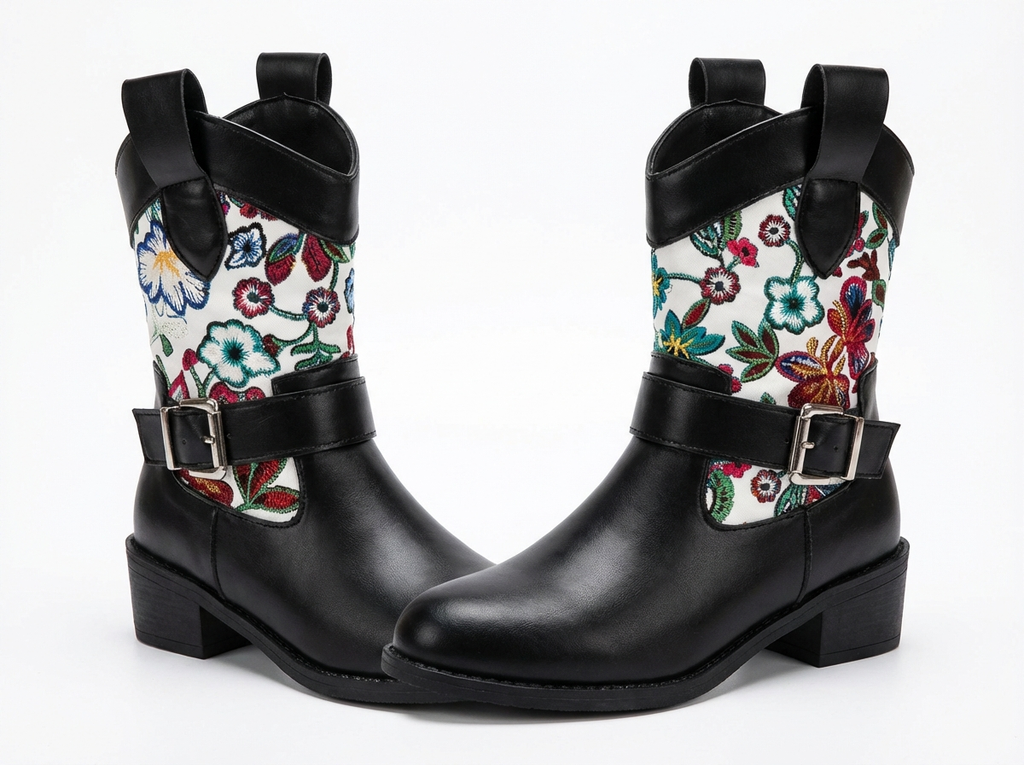 Santiag mi-haute noir Simili Cuir Femme - Broderies colorées, sangle