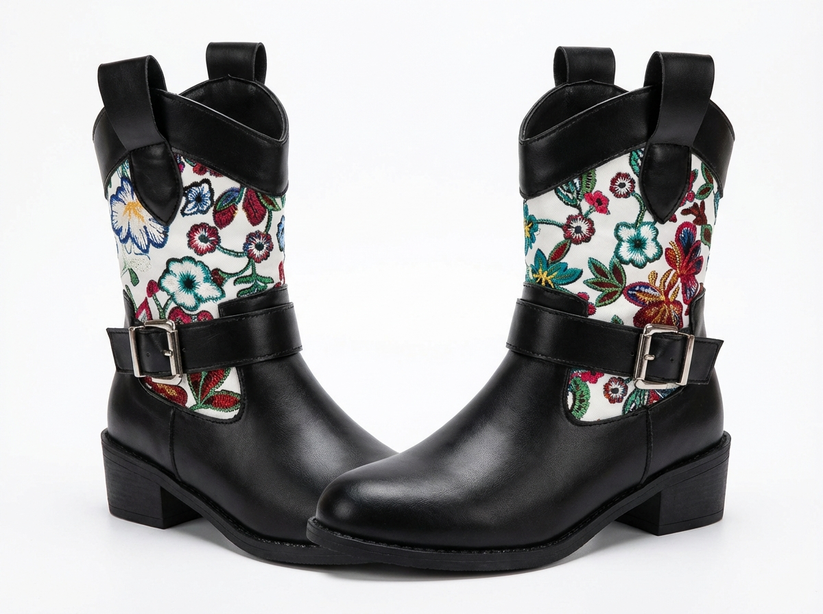 Santiag mi-haute noir Simili Cuir Femme - Broderies colorées, sangle