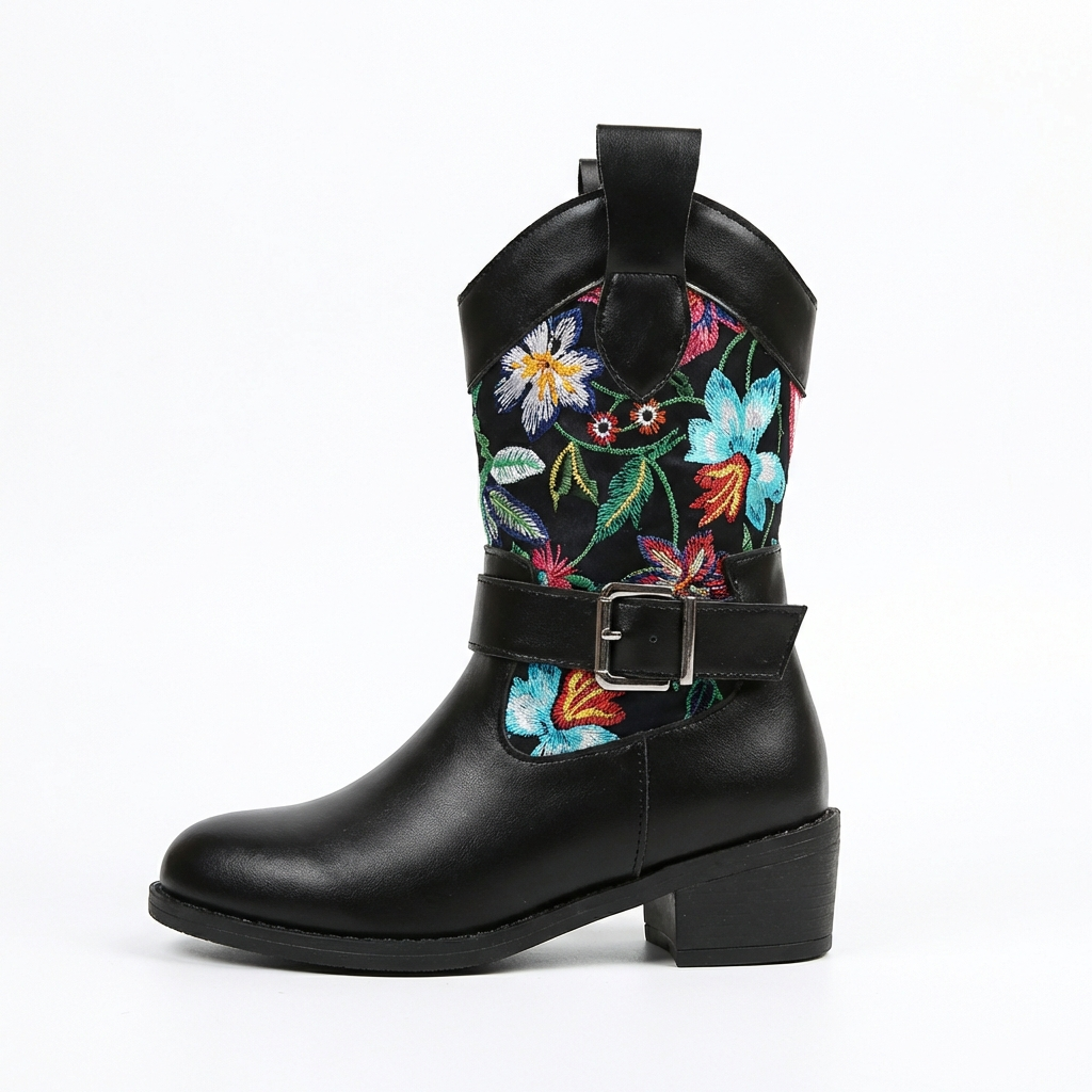 Santiag mi-haute noir Simili Cuir Femme - Broderies florales