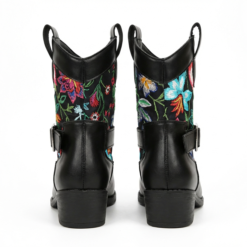 Santiag mi-haute noir Simili Cuir Femme - Broderies florales