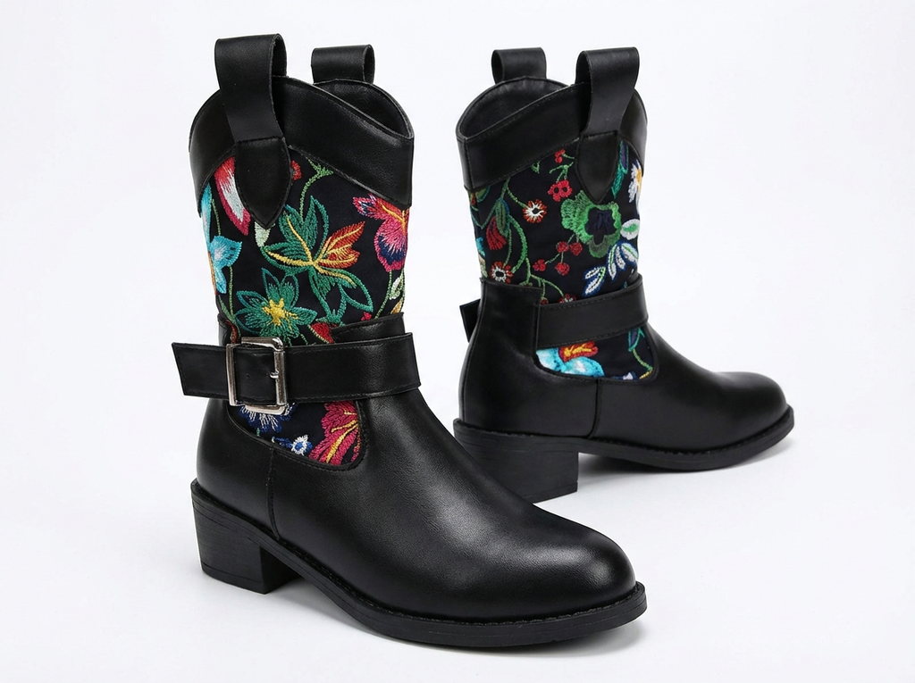 Santiag mi-haute noir Simili Cuir Femme - Broderies florales