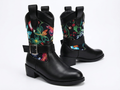 Santiag mi-haute noir Simili Cuir Femme - Broderies florales