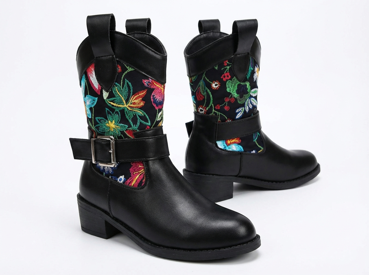 Santiag mi-haute noir Simili Cuir Femme - Broderies florales