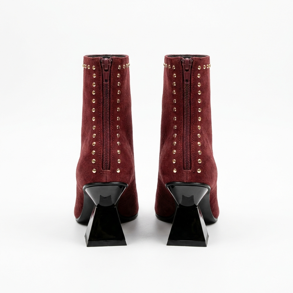 Bottine haute rouge Daim Synthétique Femme - Clous dorés