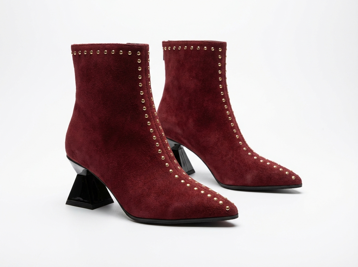 Bottine haute rouge Daim Synthétique Femme - Clous dorés