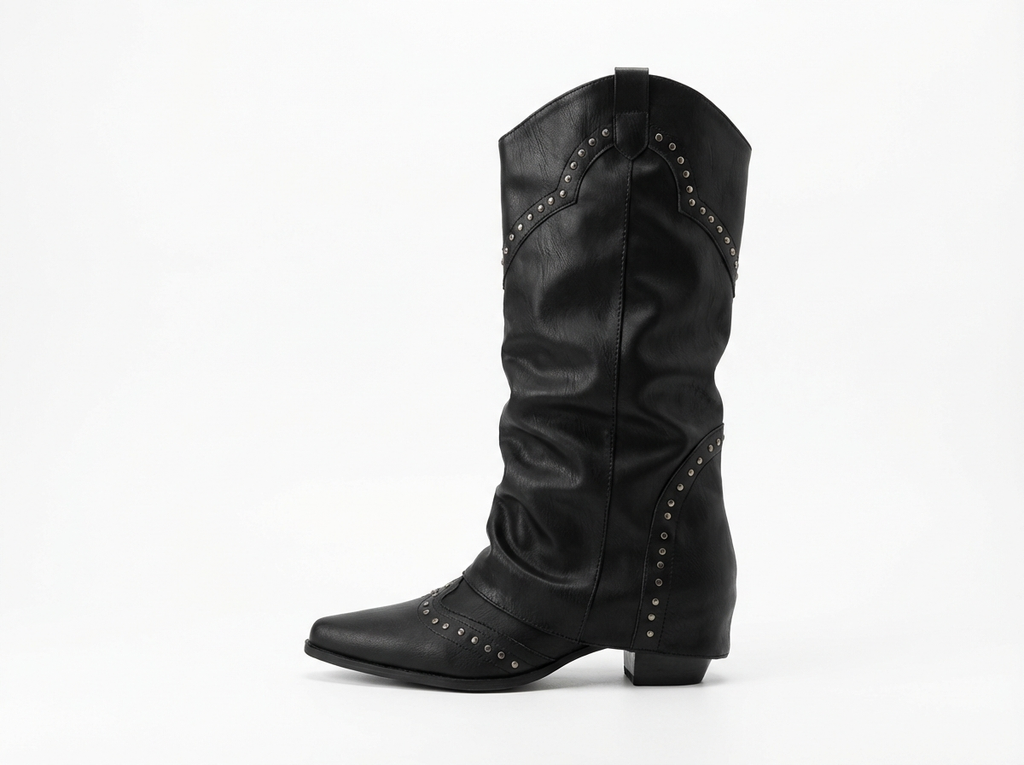 Santiag mi-haute noir Simili Cuir Femme - Clous, style rock
