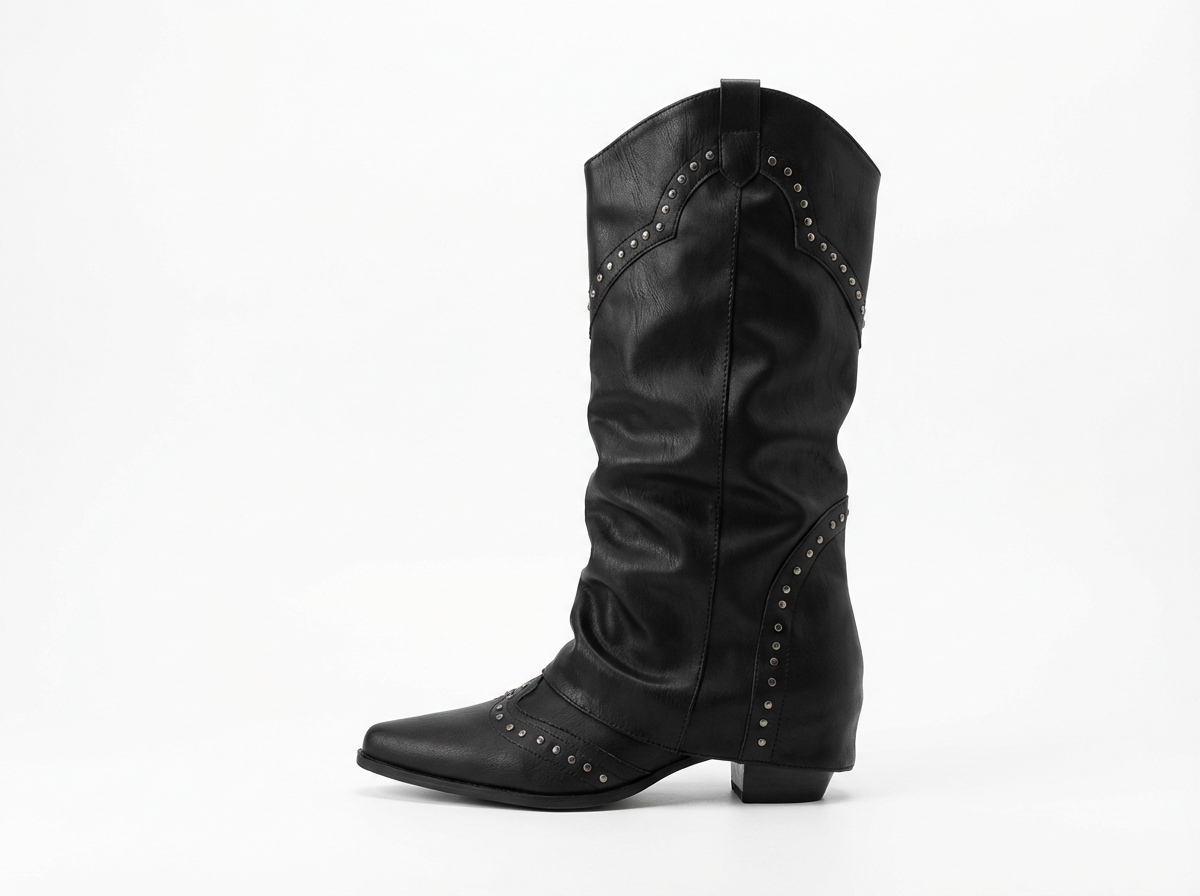 Santiag mi-haute noir Simili Cuir Femme - Clous, style rock