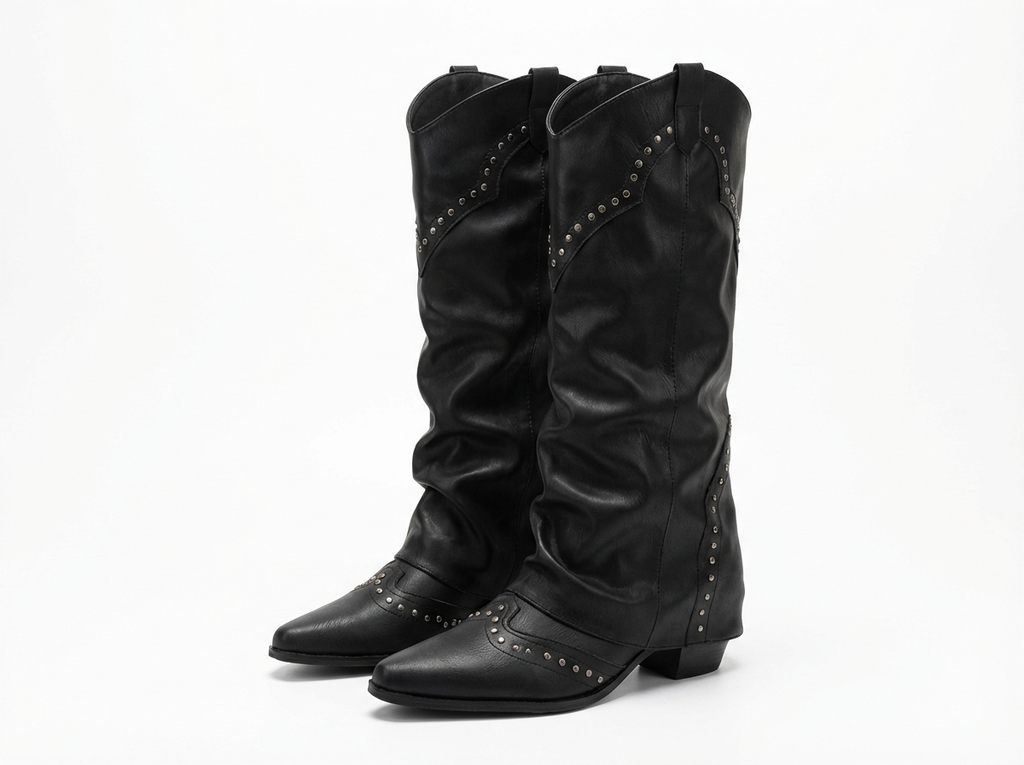 Santiag mi-haute noir Simili Cuir Femme - Clous, style rock