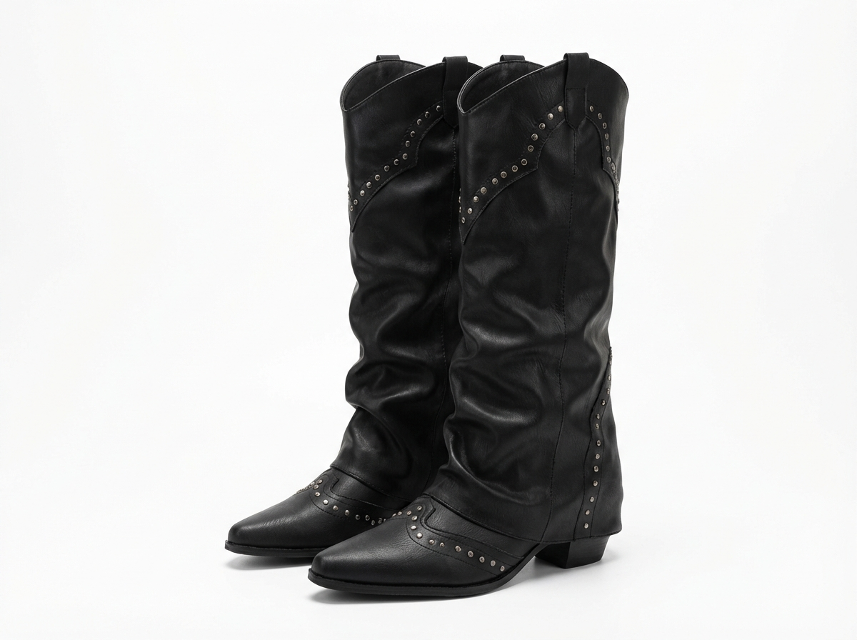 Santiag mi-haute noir Simili Cuir Femme - Clous, style rock