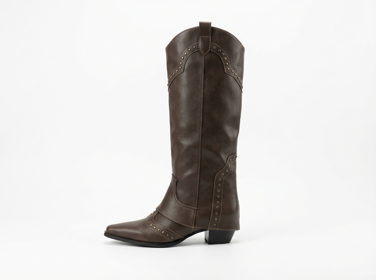 Santiag mi-haute marron foncé Simili Cuir Femme - Rivets, bout pointu