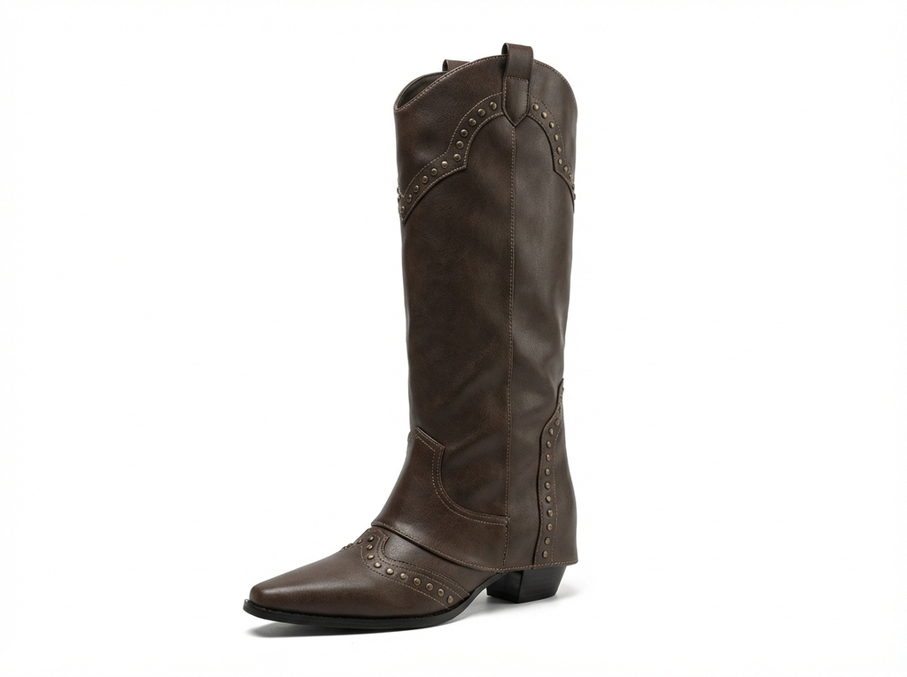 Santiag mi-haute marron foncé Simili Cuir Femme - Rivets, bout pointu